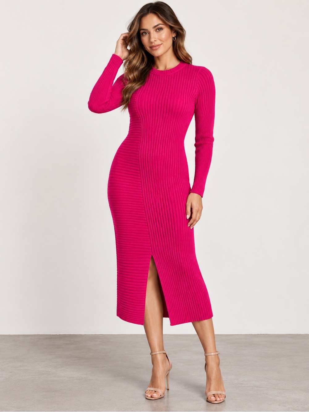 Lulus Cold Weather Trend Hot Pink Ribbed Knit Bodycon Midi Sweater Dress Slit